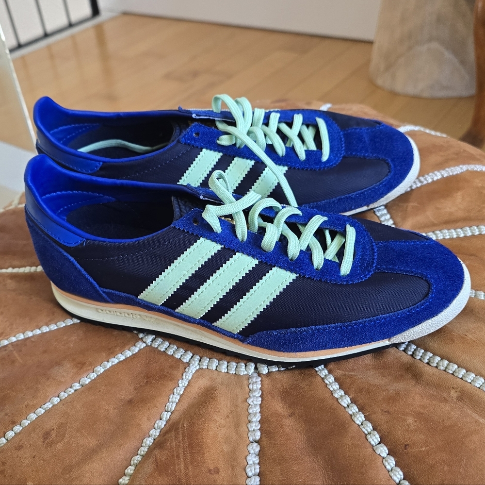 Adidas Women's Blue and Black Sneakers with Green Stripes